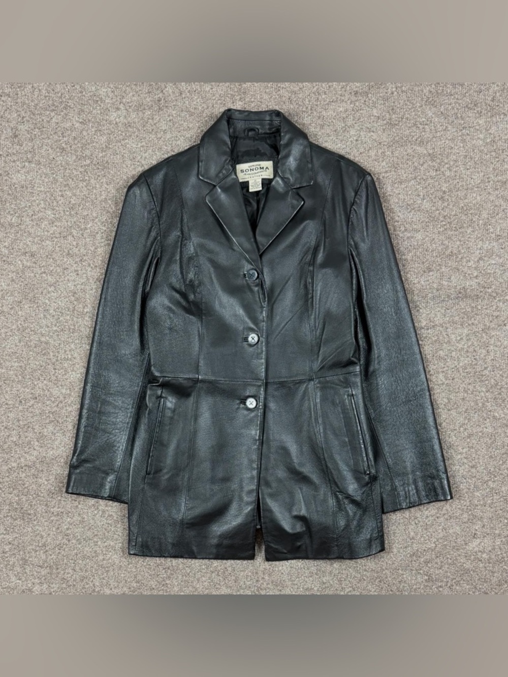 Vintage Sonoma Black Genuine Leather Button Front Blazer Jacket Womens M 90s Y2K - Picture 2 of 10